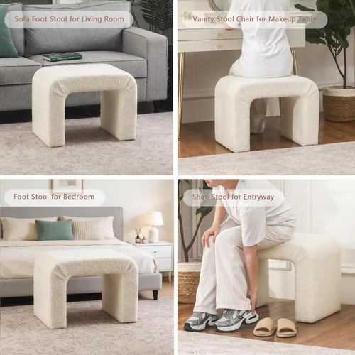 Miniatura 5 de Boucle - Taburete otomano redondo, de sherpa, pequeño y moderno reposapiés tapizado para maquillaje, sala de estar, entrada, dormitorio, beige
