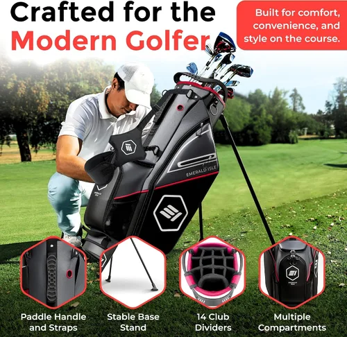 Miniatura 3 de Emerald Isle Bolsa de Golf de Pie con Divisor de Longitud Completa de 14 Vías, Bolsa de Transporte Resistente con Capucha para Lluvia, Múltiples