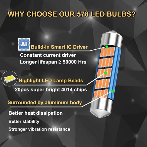 Miniatura 5 de XINYANG 2 piezas Bombilla LED festoon 578 para auto de 41mm 42mm 1.65 pulgadas, bombilla 211-2 extremadamente brillante, 20 chipsets SMD 4014, libre