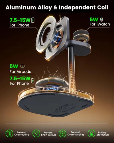 Miniatura 5 de KU XIU X85 - Estación de carga 3 en 1 de 3 puntos para Apple, soporte de cargador inalámbrico magnético de aleación de aluminio con mini baloncesto