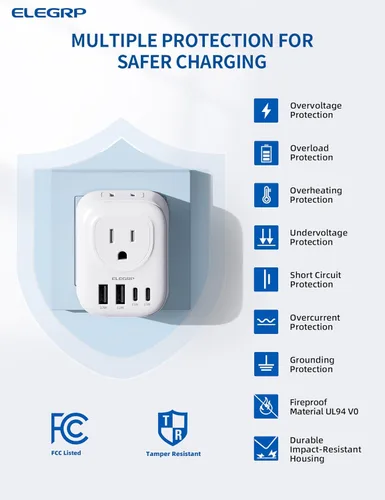 Miniatura 7 de ELEGRP Adaptador de enchufe de viaje europeo, convertidor de adaptador de enchufe de EE. UU. a Europa con dos puertos USB-A y dos puertos USB-C