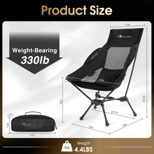 Miniatura 2 de MOON LENCE Silla de camping plegable de respaldo alto, silla compacta portátil de 330 libras con asiento ancho y respaldo ergonómico (negro)