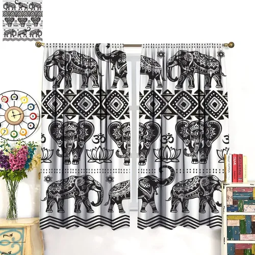 Miniatura 3 de Cortinas opacas de elefante, estilo étnico indio, bohemio, flores de loto de elefante blanco y negro, divertidas cortinas con patrón de animales