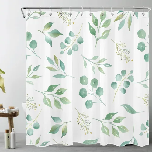Miniatura 7 de EOBTAIN Cortina de ducha de hojas de eucalipto verde para baño, cortina de ducha con hojas de plantas naturales en beige con 10 ganchos, juego