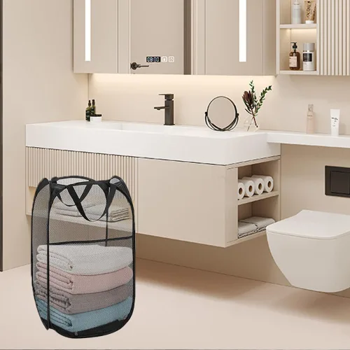 Miniatura 4 de Paquete de 2 cestas plegables de lavandería plegables de malla negra con asa portátil, bolsillo lateral para dormitorio, cuarto de bebé, viajes