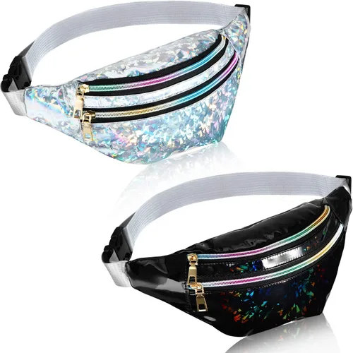 2 Piezas Holographic Fanny Pack Metallic Color Sport Waistbag para Mujeres Hombres Niños, Diamond Holographic Sliver and Black,