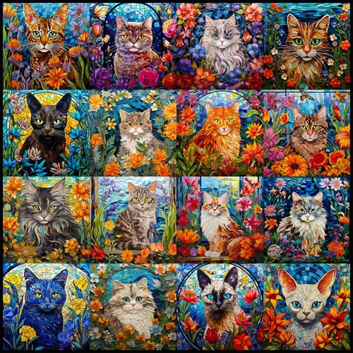 Bgraamiens Rompecabezas de arte de mosaico de gatos, 1000 piezas, arte de vidrieras con gatos y flores, desafío de color para adultos