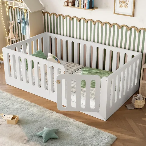 Miniatura 10 de Base de cama individual para niños, cama Montessori de metal con rieles y puerta, marco de cama de tamaño individual con barandillas