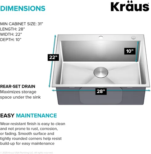 Miniatura 5 de KRAUS Standart PRO KHT300-28 - Fregadero de cocina de acero inoxidable de 28 pulgadas, calibre 16, cuenco individual de 2 agujeros, de acero