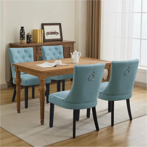 Miniatura 15 de Juego de 4 sillas de comedor tapizadas copetudas, sillas laterales de tela para comedor con cabeza de clavo en la parte trasera y patas de madera