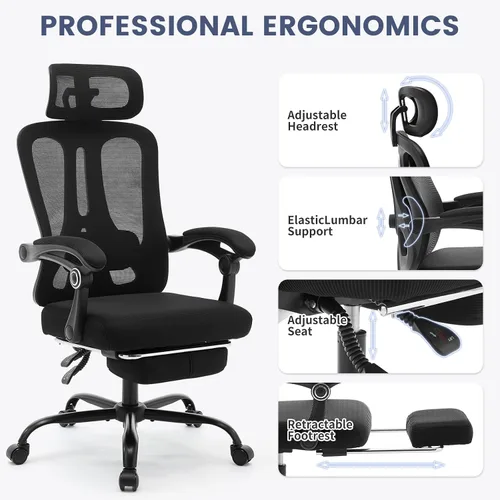 Miniatura 4 de Silla ergonómica de oficina de respaldo alto con reposapiés y reposacabezas, silla de escritorio de malla con soporte lumbar ajustable, silla