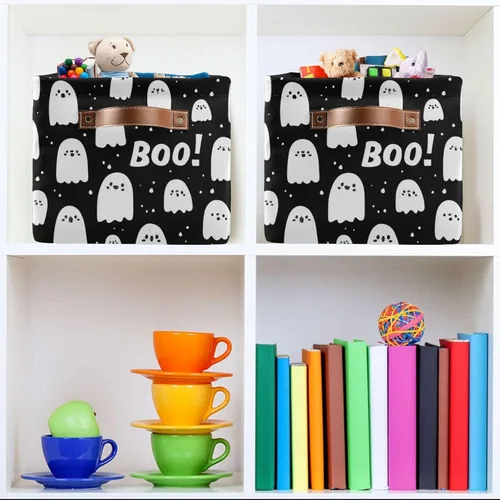 Miniatura 7 de Cesta de almacenamiento de fantasmas blanco y negro para estantes, elegante organizador de lona con asas de cuero, forro impermeable y marco rígido