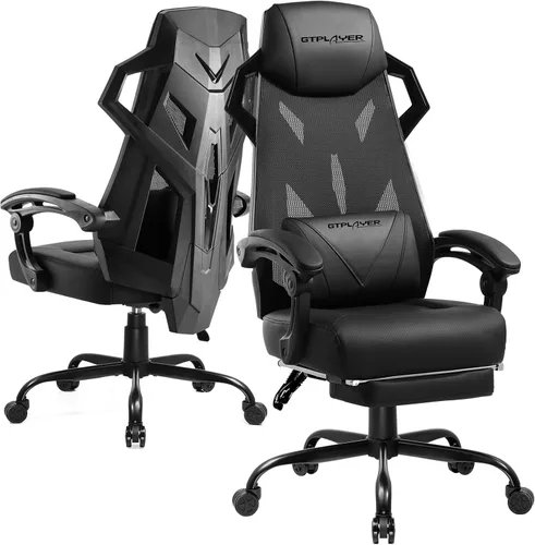 GTPLAYER Silla para videojuegos, silla de computadora con respaldo de malla, silla ergonómica para juegos con reposapiés, silla reclinable con Negro