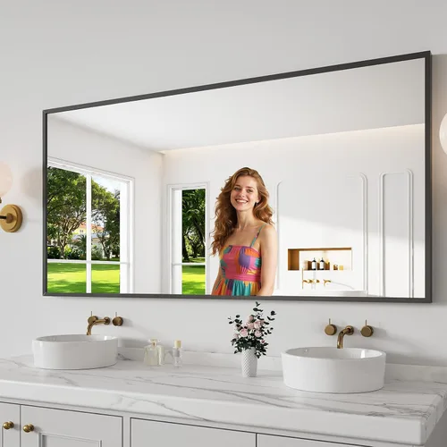 Miniatura 15 de Koonmi Espejo de baño, 30 x 30 pulgadas, espejo con marco de metal negro para baño, vidrio templado, antioxidante, espejo rectangular redondeado