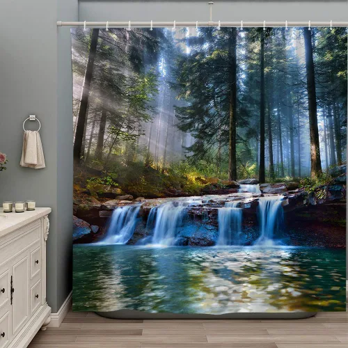 Cortina de ducha de cascada para baño, bosque, escena de naturaleza, paisaje, cortina de ducha de primavera con temática de naturaleza, tela de
