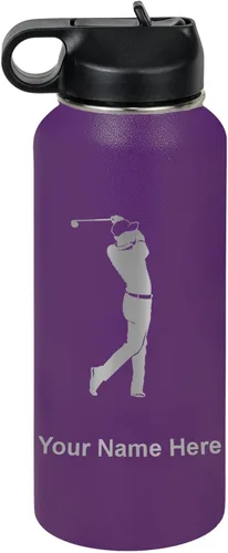 Miniatura 48 de LaserGram Botella de agua personalizada, golfista de golf, acero inoxidable de doble pared aislada al vacío con popote superior, regalo grabado Negro