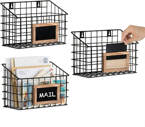 MyGift Cestas de almacenamiento de alambre de metal negro mate de 10 pulgadas con etiquetas de pizarra, pequeños cubos organizadores colgantes para