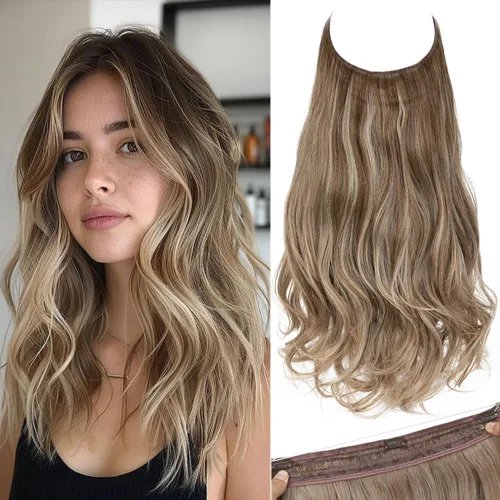 Miniatura 31 de SARLA Extensiones de cabello con alambre invisible con 3 clips, postizo sintético corto, ondulado, rizado, diadema ajustable transparente
