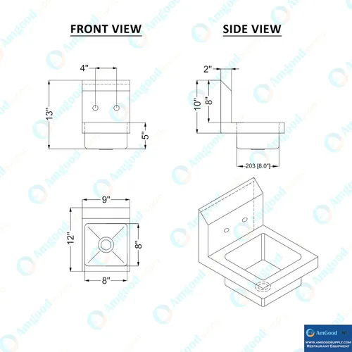 Miniatura 4 de Fregadero de mano comercial de montaje en pared de 12 pulgadas x 9 pulgadas x 13 pulgadas. Fregadero de acero inoxidable que ahorra espacio
