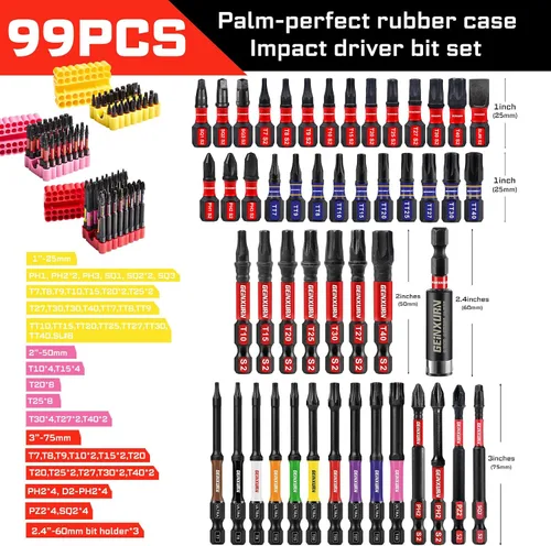 Miniatura 2 de Geinxurn Juego de puntas de destornillador de impacto, 99 piezas de 1 "/2 "multi cabeza magnética S2 puntas de destornillador de acero