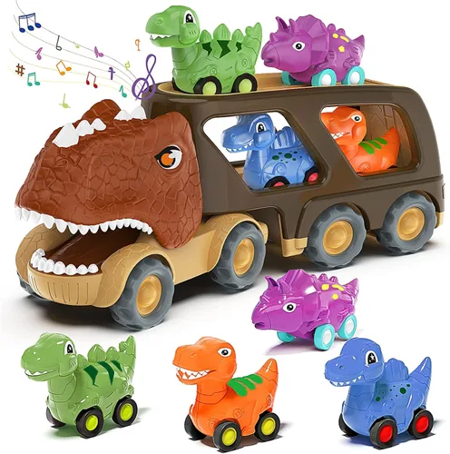 Veslier Juego de camiones de dinosaurios para niños de 2, 3, 4, 5 años, camión transportador de fricción con 4 paquetes de pequeños coches de