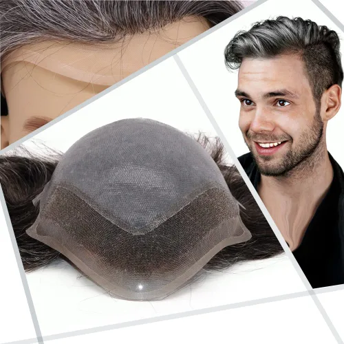 Miniatura 14 de Toupee - Peluca de cabello humano europeo con encaje frontal suizo y línea capilar natural para hombre, con piel sintética, sistema de reemplazo