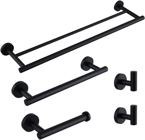 Kit de accesorios de baño negro mate de 5 piezas para montar en la pared, incluye toallero doble de 24 pulgadas, barra de toalla de mano de 12