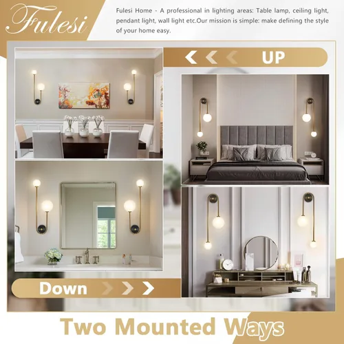 Miniatura 4 de Lámpara de pared moderna de mediados de siglo con forma de globo para interiores, 2 luces, color negro y dorado, con vidrio de leche, lámparas