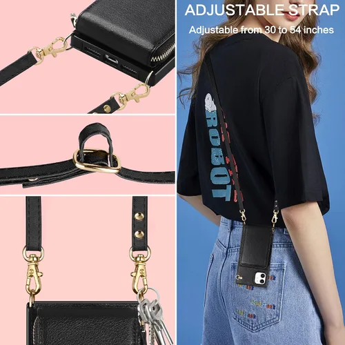 Miniatura 5 de Funda para iPhone 11 con cremallera de cuero con ranuras para tarjetas, funda protectora para teléfono con cordón para mujeres y niñas, a prueba