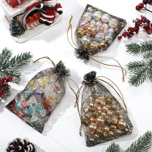 Miniatura 5 de Roowest 100 bolsas de regalo de organza con copos de nieve de 4 x 6 pulgadas, pequeñas bolsas de malla para joyas, mini cordón para dulces, bolsas