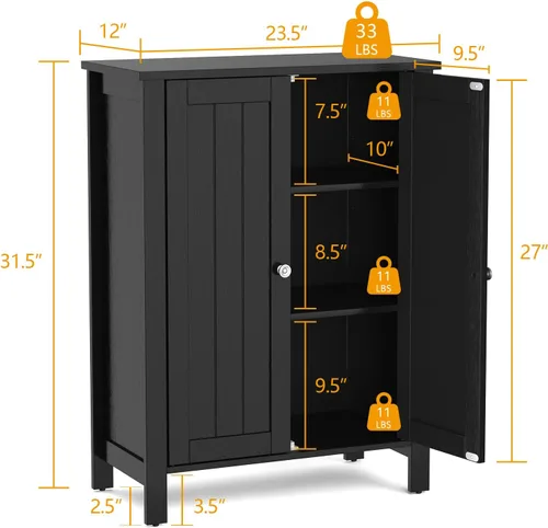 Miniatura 3 de Tangkula Armario de suelo de baño, con puerta doble y estante ajustable, gabinete de almacenamiento de baño de madera de 3 niveles para oficina