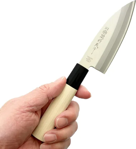 Miniatura 7 de KAKUSEE Seki Tsubazo - Cuchillo Deba pequeño de 3.9 pulgadas y juego de tela de pintura japonesa, cuchillo de chef japonés para pescado y carne