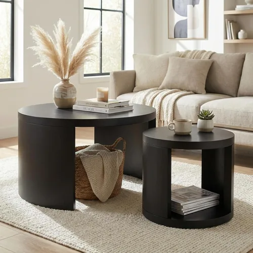 Juego de 2 mesas auxiliares redondas, mesas auxiliares anidables con almacenamiento, juego de mesa de sala de estar, mesa central de madera moderna