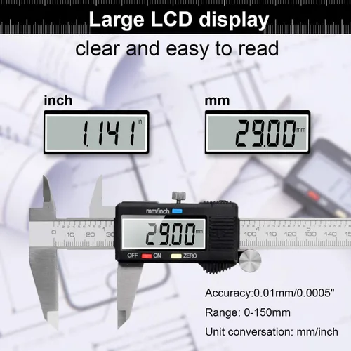 Miniatura 6 de Herramienta de medición de calibre, Qfun calibre digital de vernier de acero inoxidable de 6 pulgadas/150 mm, micrómetro digital impermeable, fácil