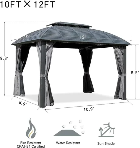 Miniatura 6 de Domi Cenador de Techo Rígido de 10'x12' con Toldo Arqueado, Cenador de Aluminio para Exteriores con Doble Techo de Acero Galvanizado, Cortina y Red