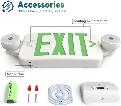 Miniatura 4 de FREELICHT Paquete de 6 letreros de salida verdes con luces de emergencia, dos luces LED de emergencia ajustables con batería, señal de salida