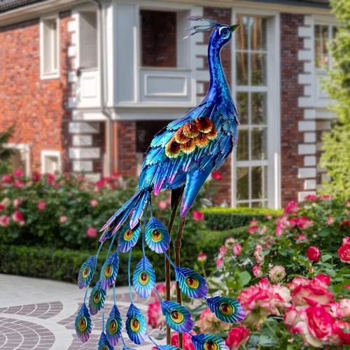 Kircust Estatua de Pavo Real de Jardín y Escultura, Arte de Patio de Pavo Real de Metal, Esculturas de Pájaro en Pie para Patio Trasero, Césped y