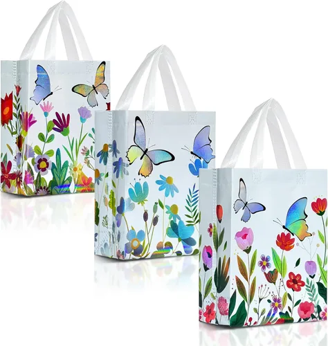 Nush Nush Bolsas de regalo de mariposa con asas de tamaño mediano - Juego de 12 bolsas de regalo florales con brillante impresión holográfica