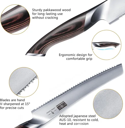 Miniatura 2 de HOSHANHO Cuchillo de pan de 10 pulgadas, cuchillos de pan dentados japoneses de acero inoxidable de alto carbono, cuchillo profesional para cortar