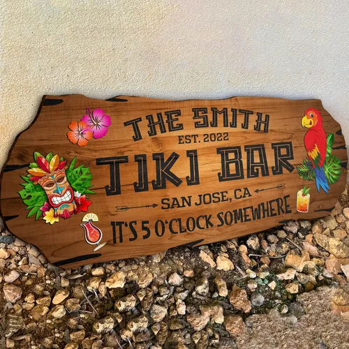 Miniatura 5 de Artsy Woodsy Letrero de madera personalizado con estampado de barra Tiki (no tallado ni neón), decoración de verano, cartel de piscina, patio