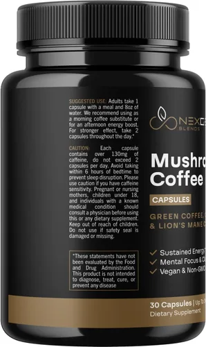 Miniatura 9 de Cápsulas de café de hongos 100% orgánicos, suplemento energético natural con 130 mg de cafeína de extracto de café verde y guayusa patentados