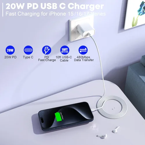 Miniatura 2 de Cargador rápido para iPhone 17/16/15, carga rápida extra larga de 10 pies, paquete de 3 bloques USB-C a USB C, cable de carga rápida para iPhone