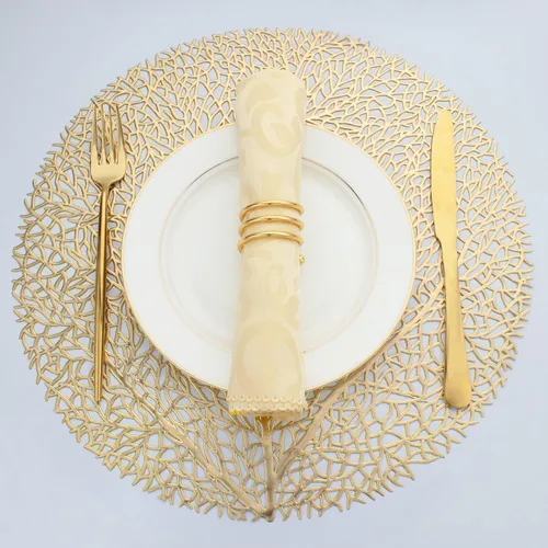 Miniatura 6 de Evevda Juego de 6 manteles individuales redondos dorados para mesa de comedor, antideslizantes, lavables, con patrón de árbol, manteles individuales