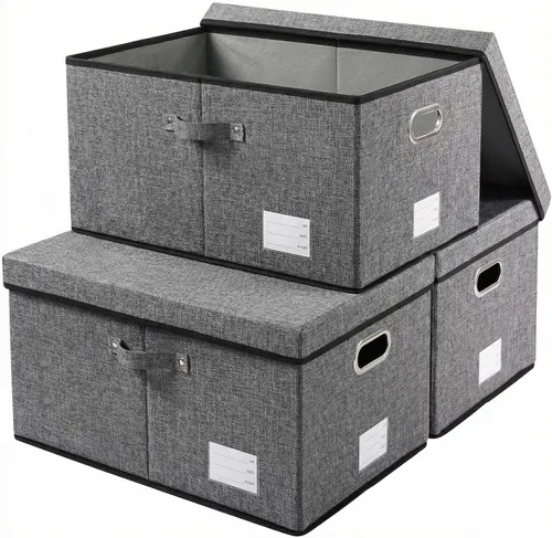 Miniatura 67 de PRANDOM Contenedor de almacenamiento plegable con tapa [1 unidad] Caja de almacenamiento decorativa de tela de lino, cesta organizadora con asas