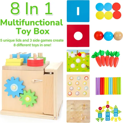 Miniatura 2 de JUSTWOOD Juguetes Montessori para niños de más de 1 año, kit de juego de madera 8 en 1, incluye caja permanente de objetos, cubo de actividades