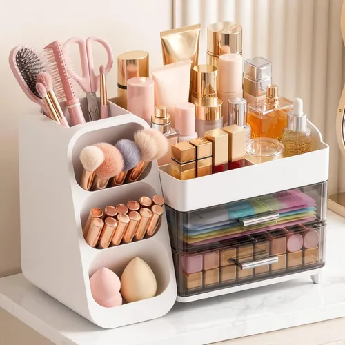 Miniatura 8 de Organizador de maquillaje de gran capacidad con soporte para brochas de maquillaje para tocador, material grueso, organizador de encimera de baño