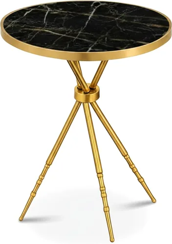 Miniatura 14 de Moderna mesa auxiliar redonda pequeña, mesa auxiliar de acero inoxidable con 3 patas doradas, elegante y ligera parte superior de mármol sintético
