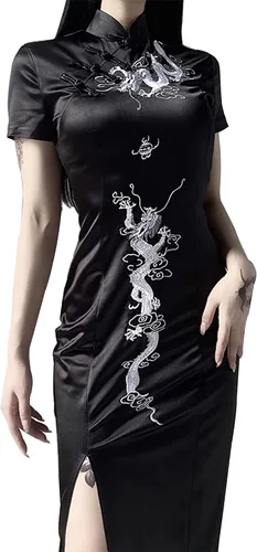 Vestido largo negro gótico para mujer, elegante vestido de noche vintage, bordado chino, vestido de fiesta gótico ajustado