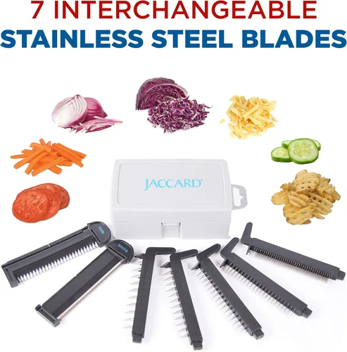 Miniatura 5 de Jaccard SafeHands - Cortador de mandolina de acero inoxidable, picador de alimentos, picador compacto de verduras con siete cartuchos de hoja