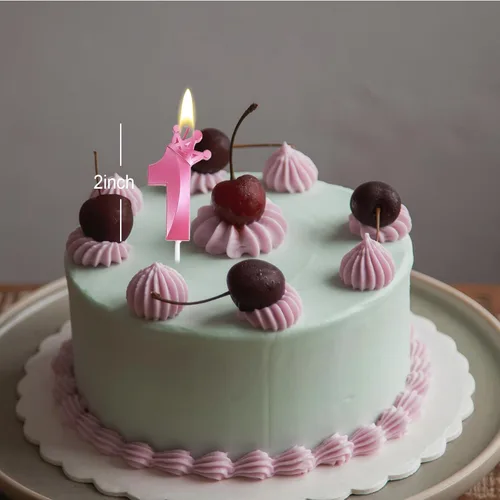 Miniatura 2 de Vela rosa de cumpleaños número 1, decoración temática rosa para fiesta de primer cumpleaños, velas de número 3D diseñadas con corona para decoración